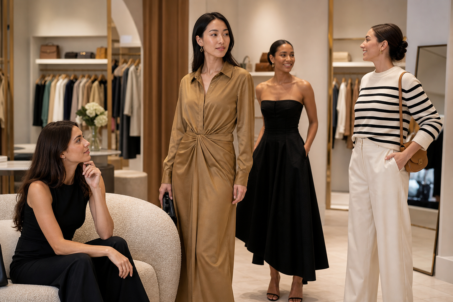 Four adult women presenting contemporary styles for a women’s fashion buying guide