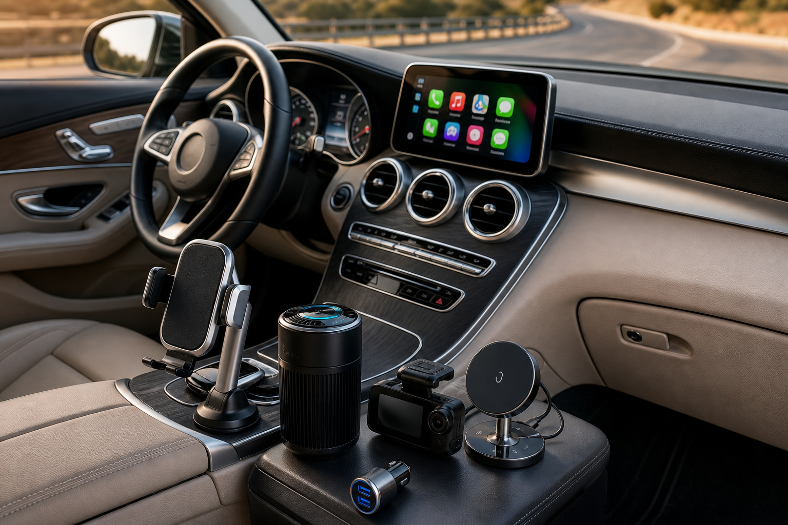 Automotive and car gadgets presented in premium vehicle interior, road, garage, showroom, or credible automotive lifestyle setting