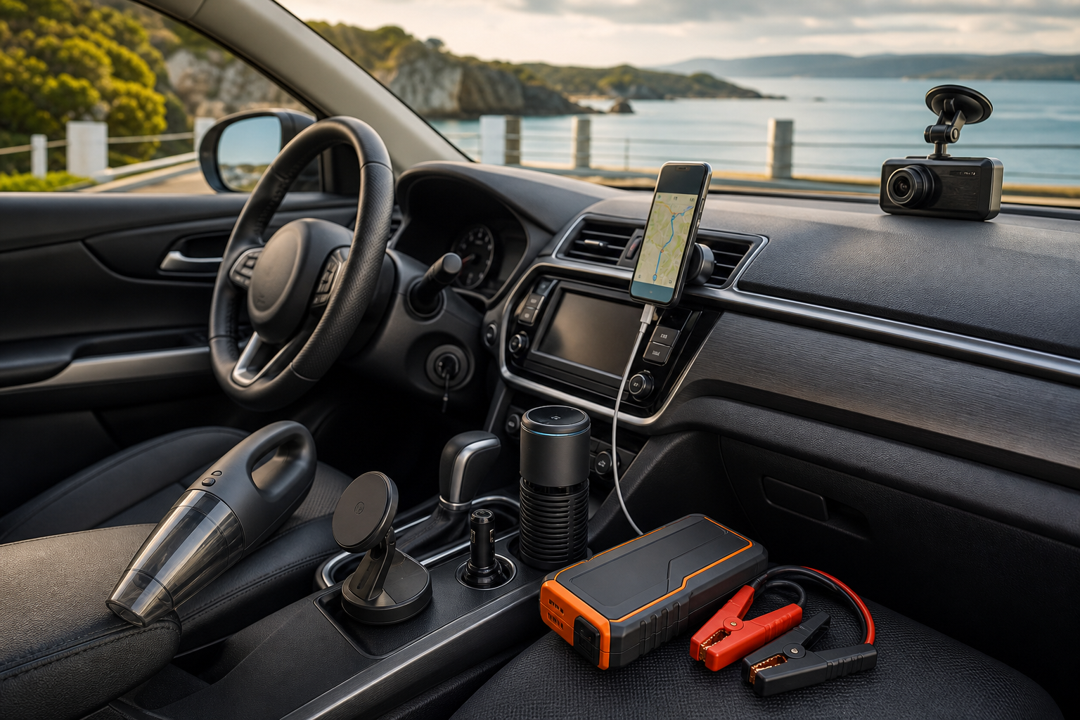 Automotive and car gadgets presented in premium vehicle interior, road, garage, showroom, or credible automotive lifestyle setting