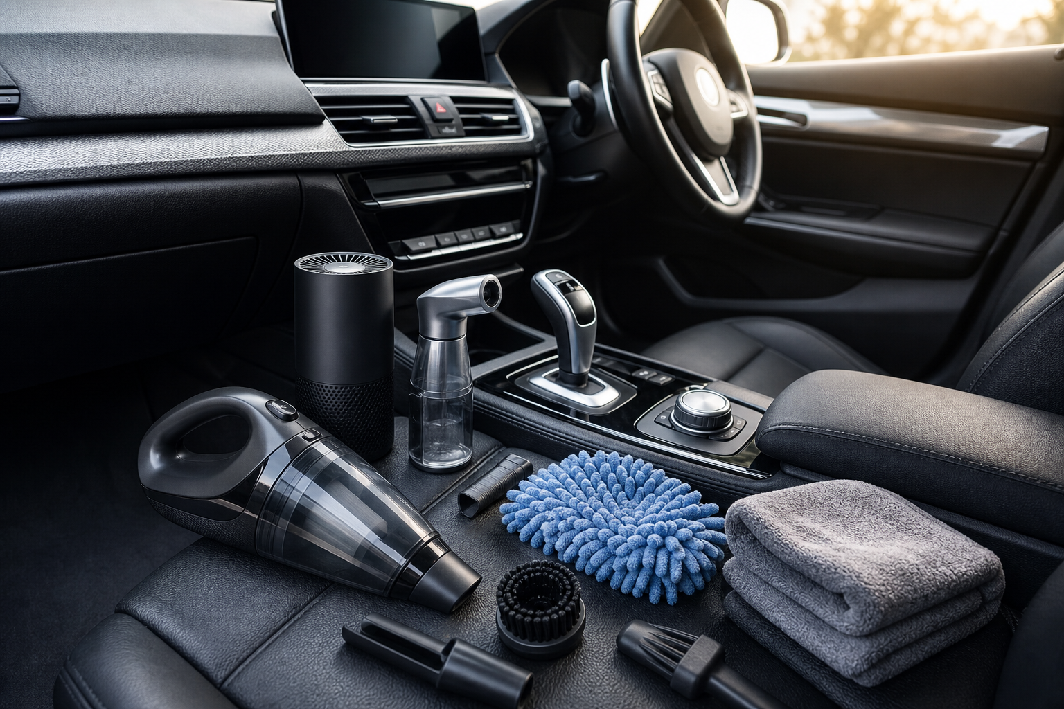 Automotive and car gadgets presented in premium vehicle interior, road, garage, showroom, or credible automotive lifestyle setting