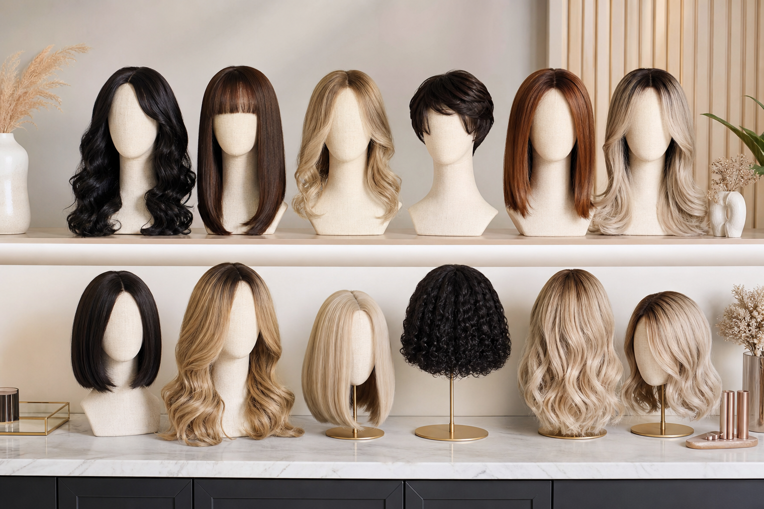 Wigs presented in premium context appropriate to the exact article subject