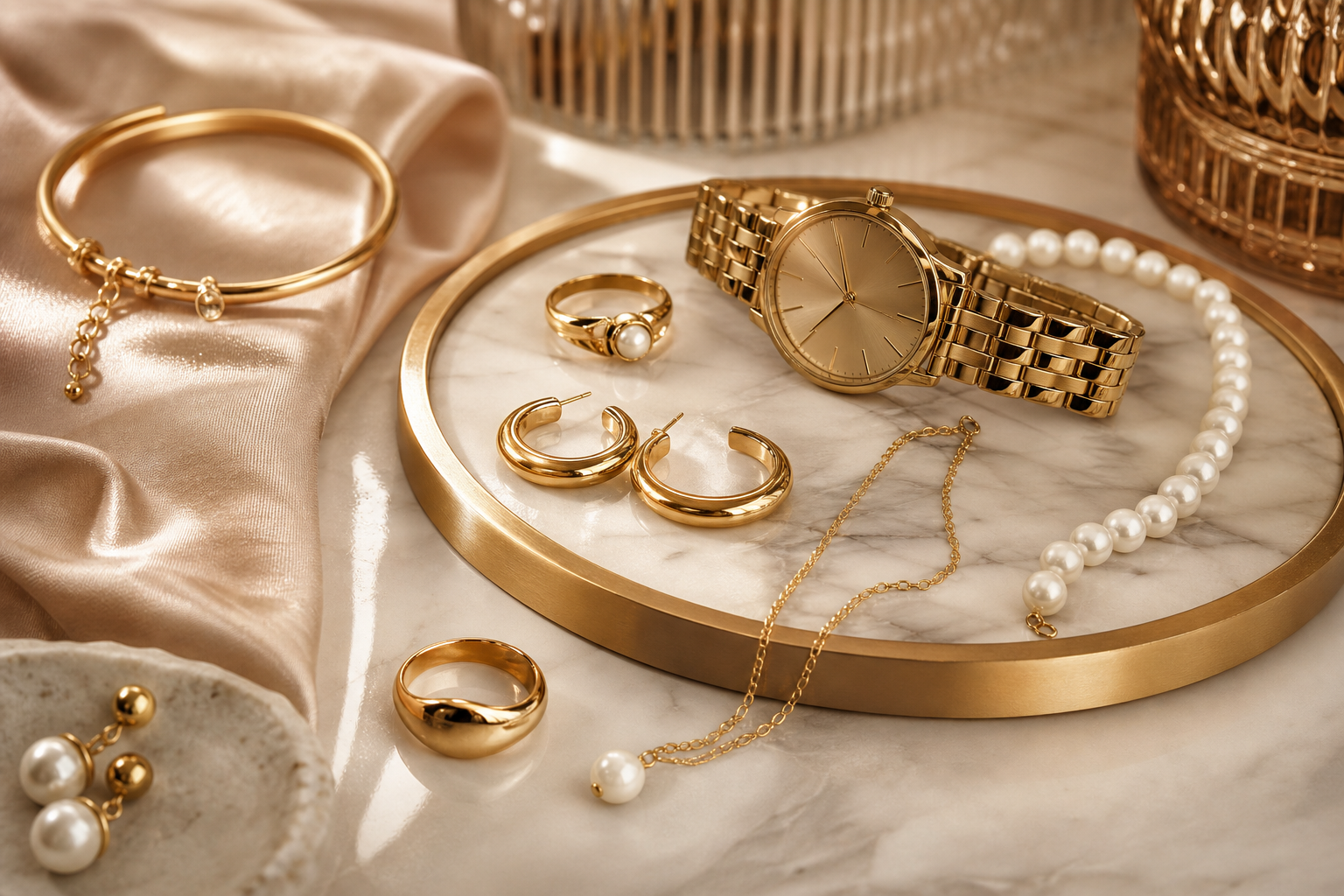 Jewelry and accessories presented in luxury editorial close-up, refined boutique or elegant lifestyle setting